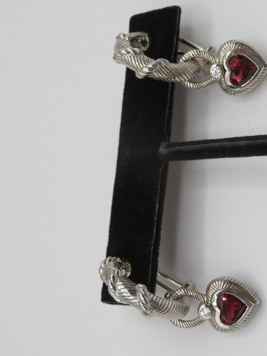 Judith Ripka Sterling Silver 925 Red CZ Heart Charm Hoop Earrings - Picture 5 of 9